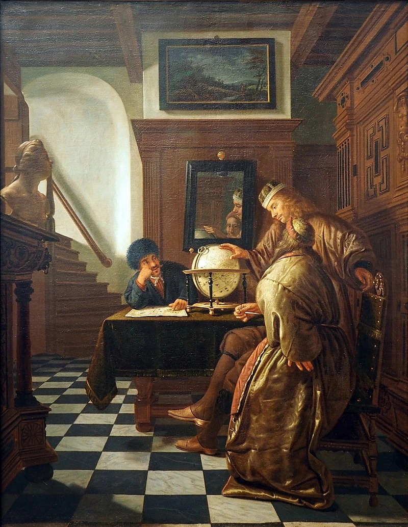 Interno con tre uomini seduti attorno a un tavolo con un globo - Hamburger Kunsthalle, Amburgo